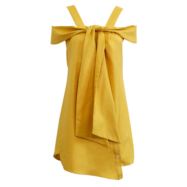Yellow Linen Off-Shoulder A-Line Mini Dress