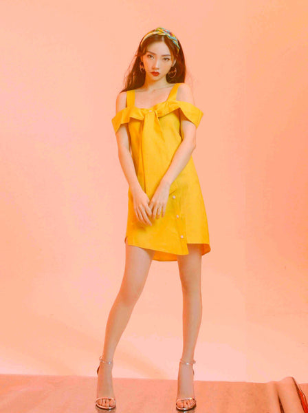 Yellow Linen Off-Shoulder A-Line Mini Dress